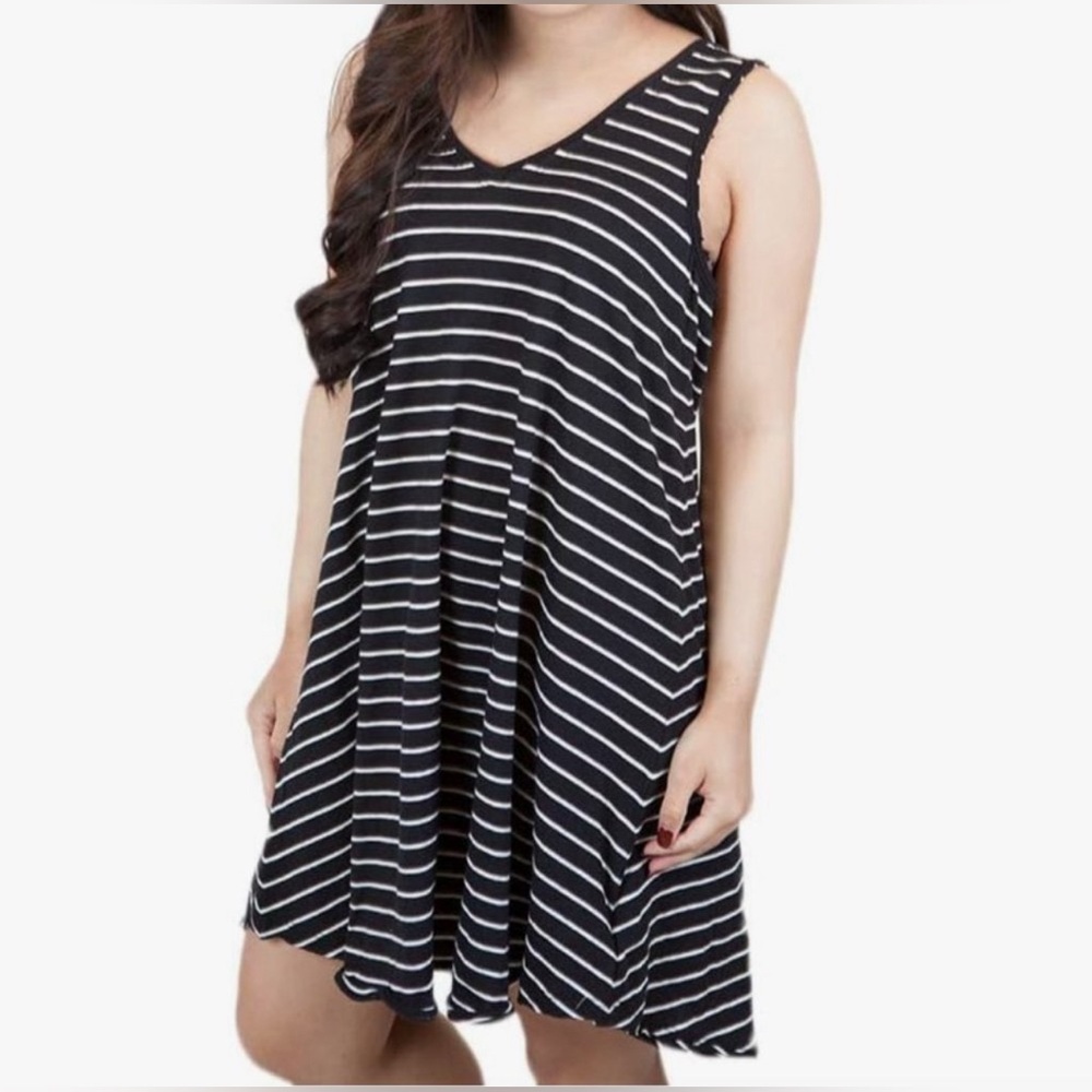 Z Supply Black and White Striped V-Neck Sleeveless Swing Dress